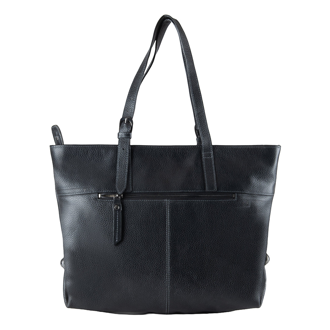 Chris Louis Ceren black pebbled leather tote bag with zip pocket and shoulder straps.