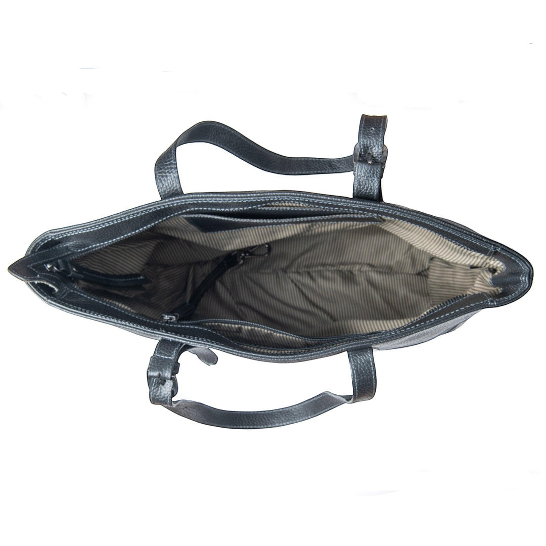 Chris Louis Ceren black leather tote bag with striped interior lining and multiple compartments.