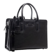 Chris Louis black genuine leather executive tote bag with detachable laptop case and trolley strap.