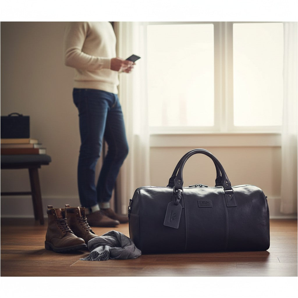 Chris Louis black genuine leather travel overnight bag with top handles and detachable shoulder strap.