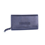 Chris Louis black genuine leather flap clutch ladies wallet with 22 card slots and zip compartment.