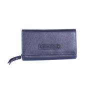 Chris Louis black genuine leather flap clutch ladies wallet with 22 card slots and zip compartment.