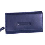 Chris Louis black leather flap clutch wallet with multiple card slots and zipper pockets.