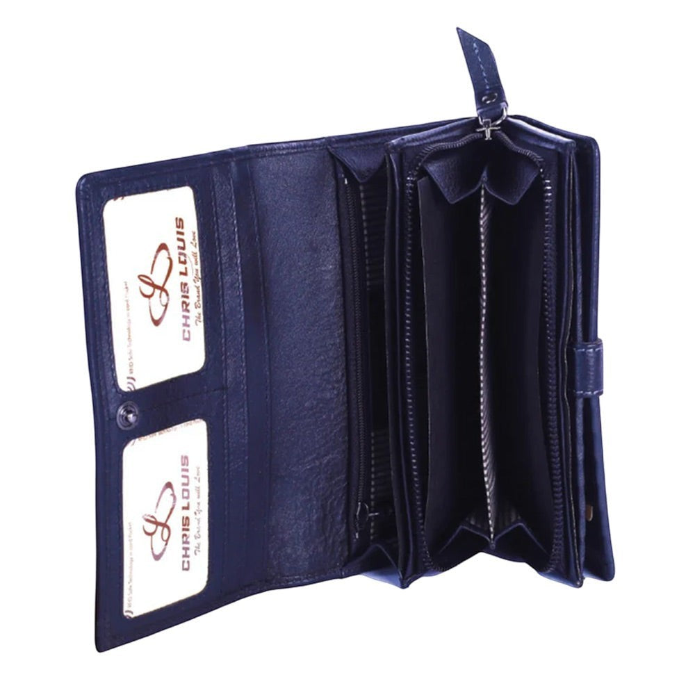 Chris Louis black leather Venice ladies wallet with 18 card slots, coin pocket, and RFID protection.