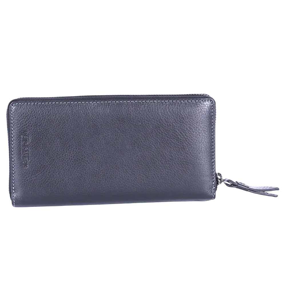 Chris Louis black genuine leather zip-around clutch wallet with 26 card slots and wristlet strap.