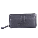 Chris Louis black genuine leather zip-around clutch wallet with snap closure, 26 card slots, and wristlet strap.
