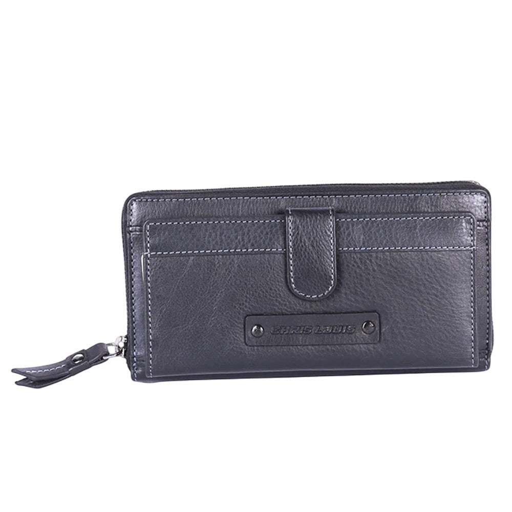 Chris Louis black genuine leather zip-around clutch wallet with snap closure, 26 card slots, and wristlet strap.