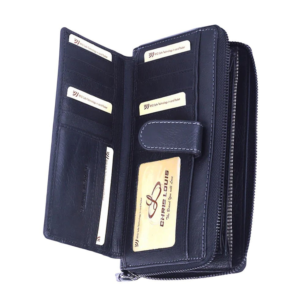 Chris Louis black genuine leather RFID protected zip-around clutch wallet with 26 card slots and wristlet strap.