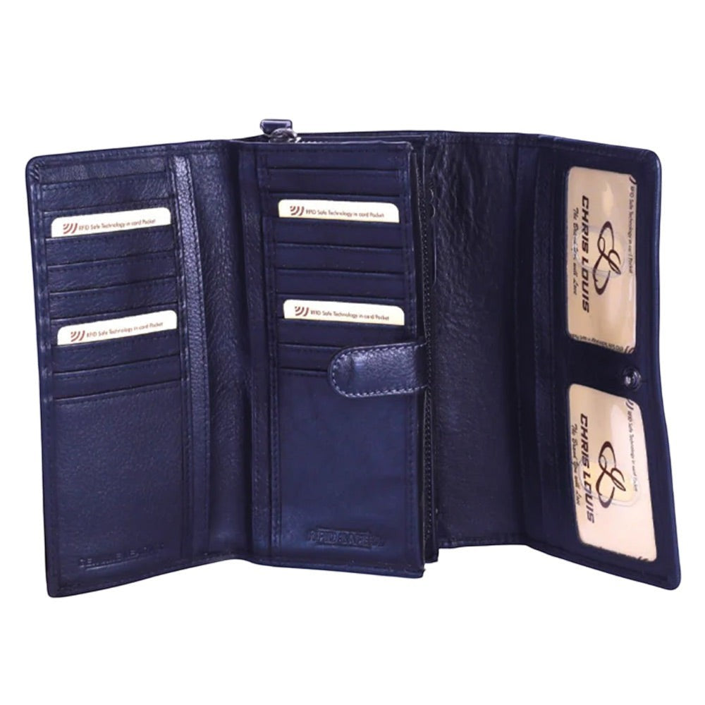 Chris Louis black leather flap clutch wallet with 18 card slots, ID windows, coin pocket, and RFID protection.