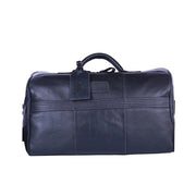 Chris Louis black genuine leather weekend travel bag with dual handles and luggage tag.