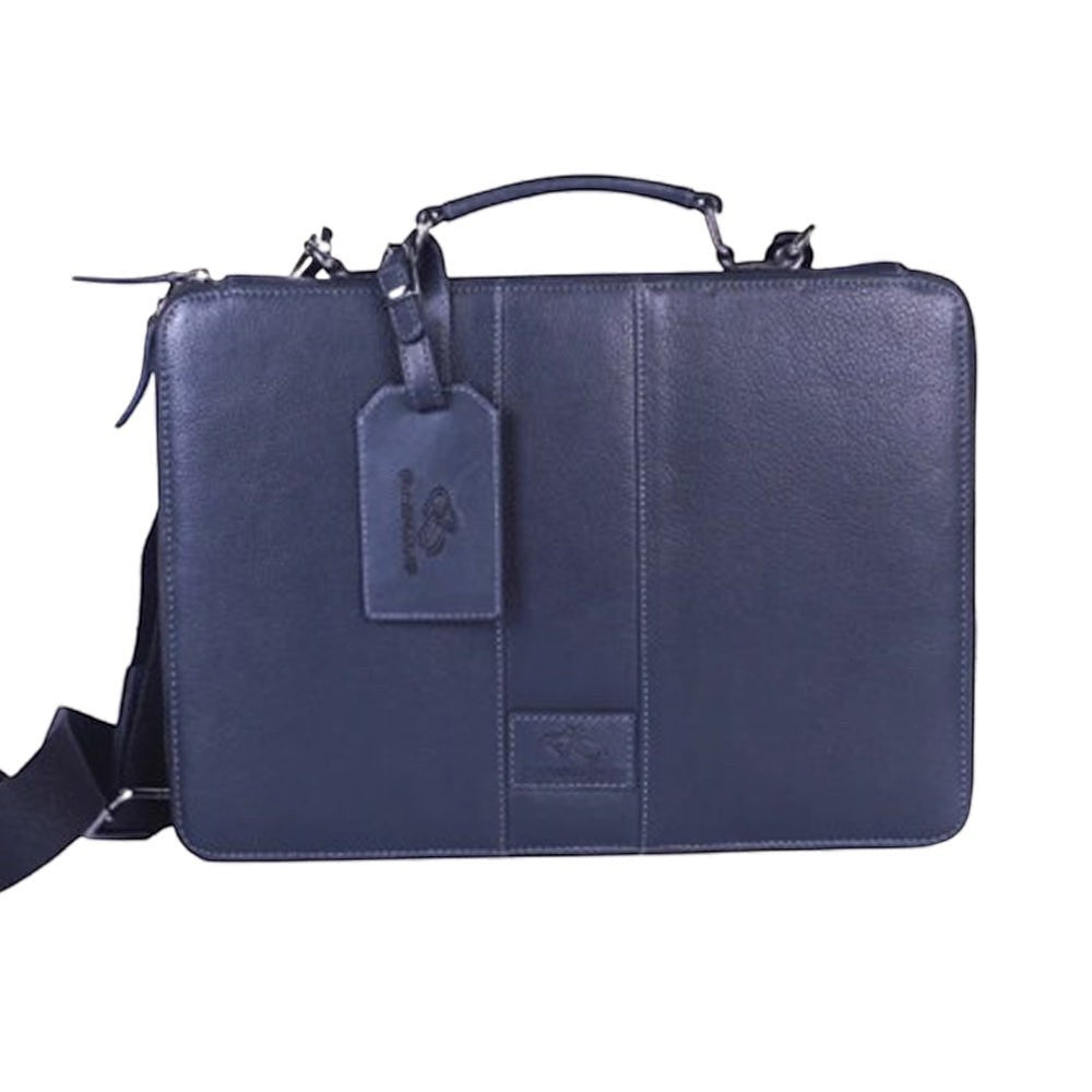 Chris Louis Boracay black leather office organizer bag with top handle and detachable strap. Fits 14-inch laptop.