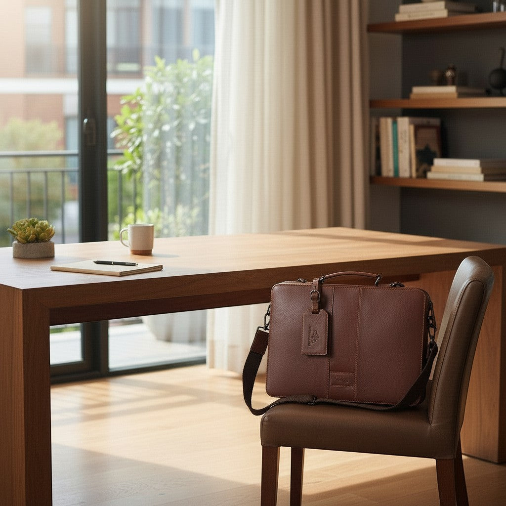 Chris Louis Boracay brown genuine leather office organizer bag with detachable strap, laptop compartment.
