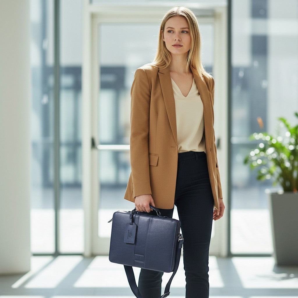 Chris Louis Boracay navy blue leather office organizer bag with detachable strap and top handle. Fits 14-inch laptop.