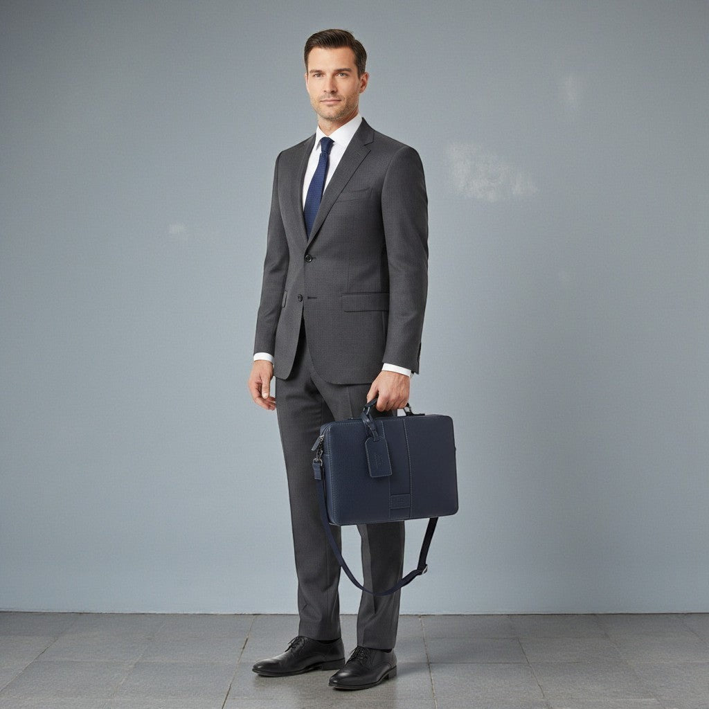 Chris Louis Boracay navy blue leather office organizer bag with detachable strap and top handle.