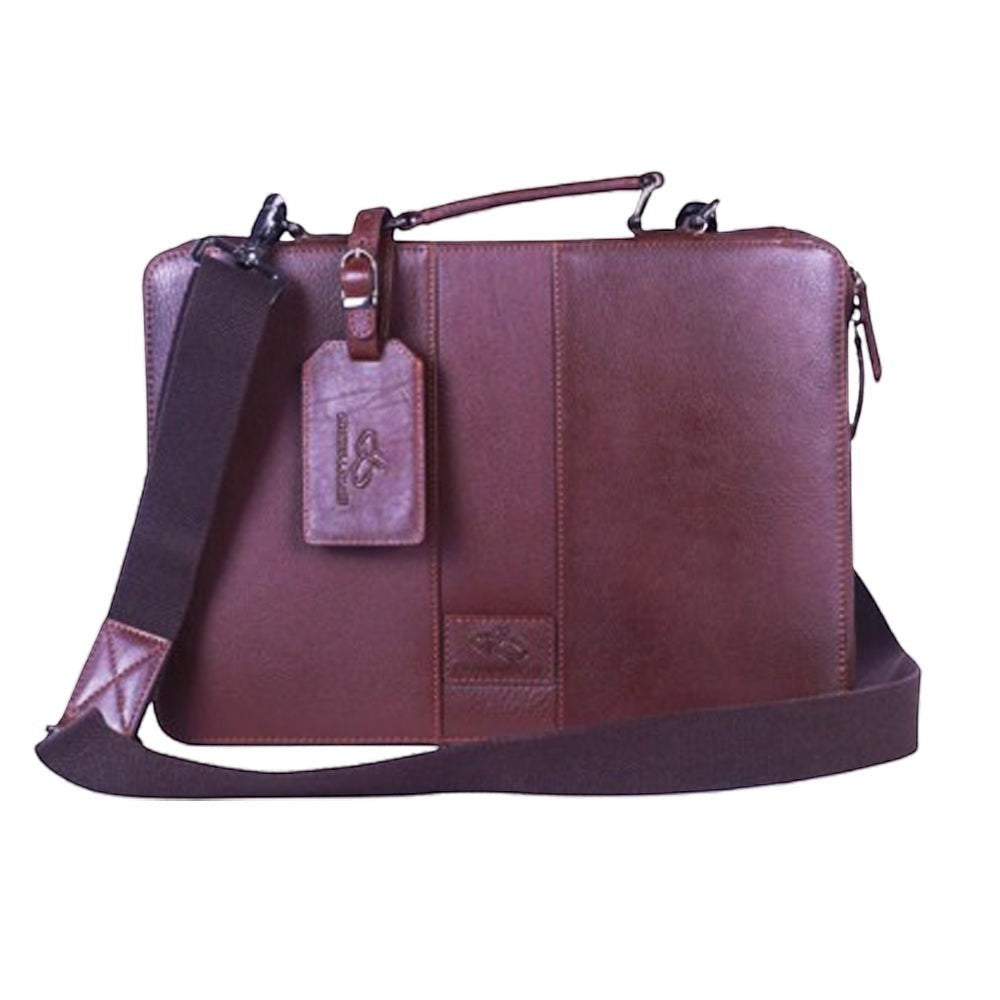 Chris Louis Boracay Office Organizer, brown genuine leather briefcase with detachable strap, top handle, and multiple compartments.