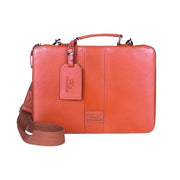 Chris Louis Boracay Office Organizer, tan genuine leather briefcase with top handle and detachable strap. Features laptop compartment.