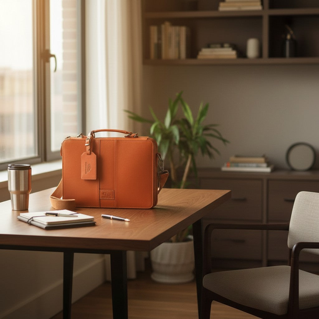 Chris Louis Boracay tan leather office organizer bag with detachable strap, laptop compartment, and interior pockets.