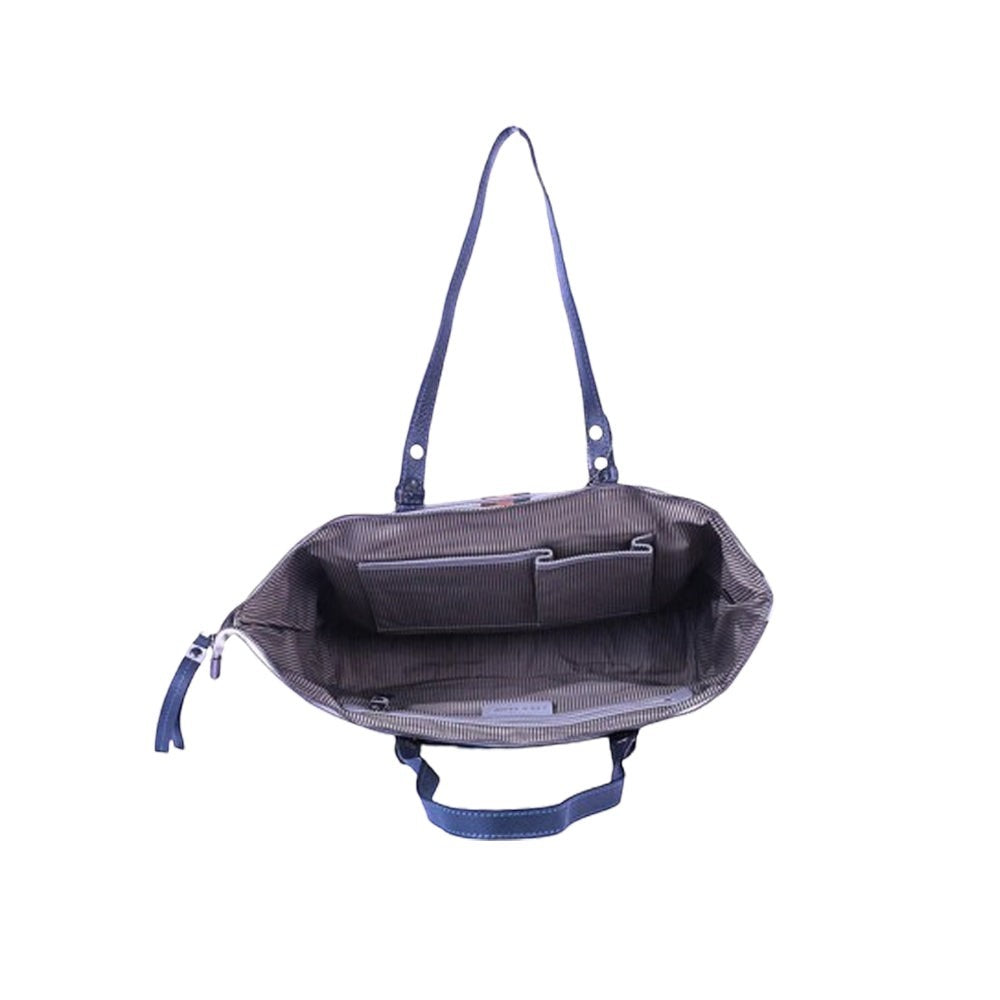 Chris Louis Brolga black and grey leather tote bag with striped lining and multiple interior pockets.