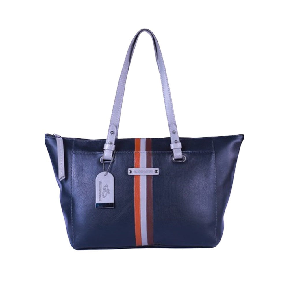 Chris Louis Brolga black and grey leather tote bag with vertical stripe detail and top handles.