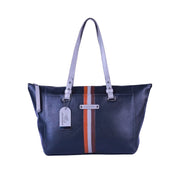 Chris Louis Brolga black and grey leather tote bag with vertical stripe detail and top handles.