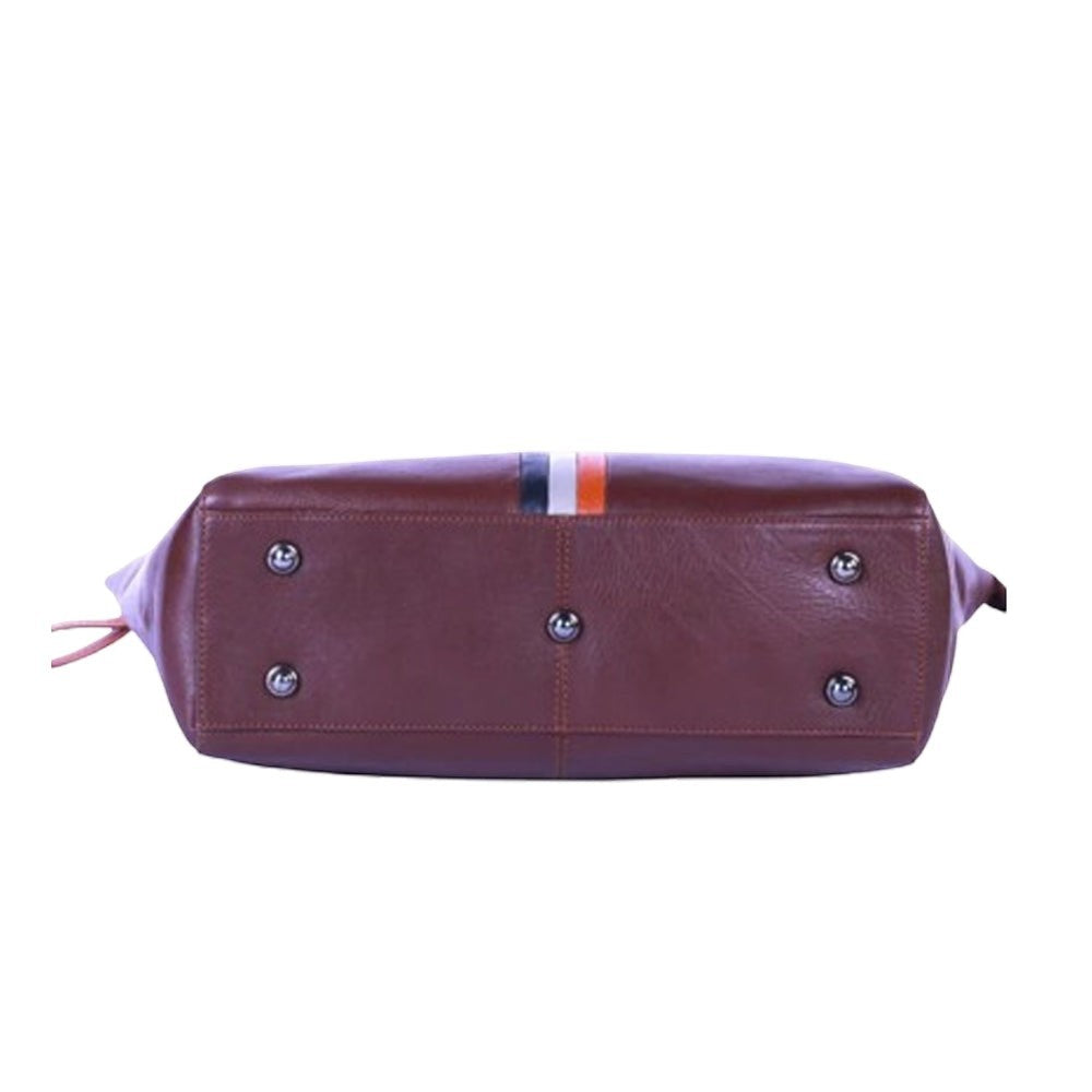 Chris Louis Brolga brown genuine leather tote bag with stripe detail and metal hardware.