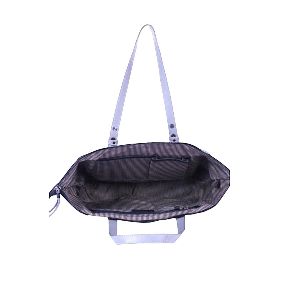 Chris Louis Brolga grey and black leather tote bag with striped lining and multiple interior pockets.