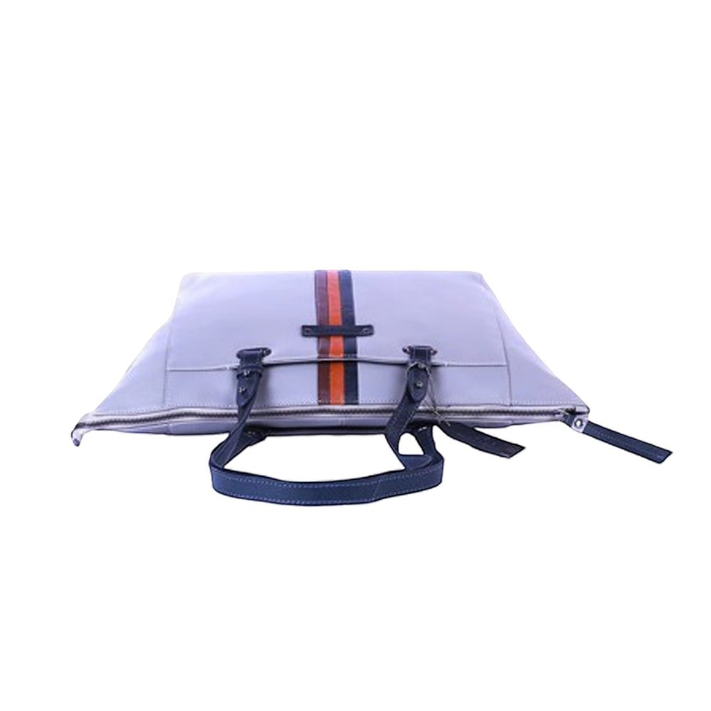 Chris Louis Brolga grey and black leather tote bag with stripe detail and top handles.