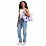 Chris Louis Brolga grey and black leather tote bag with stripe pattern and top handles.