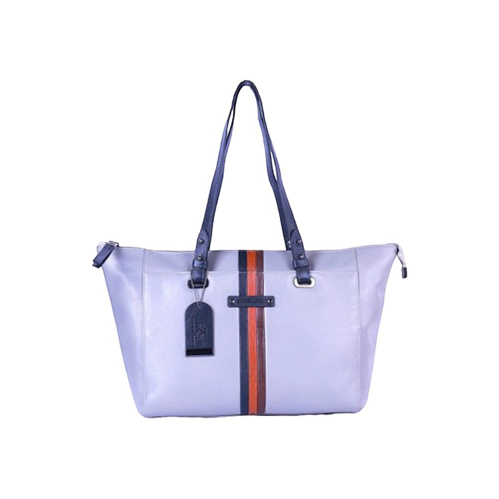 Chris Louis Brolga grey and black leather tote bag with stripe detail and top handles.