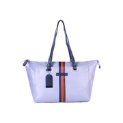 Chris Louis Brolga grey and black leather tote bag with stripe detail and top handles.