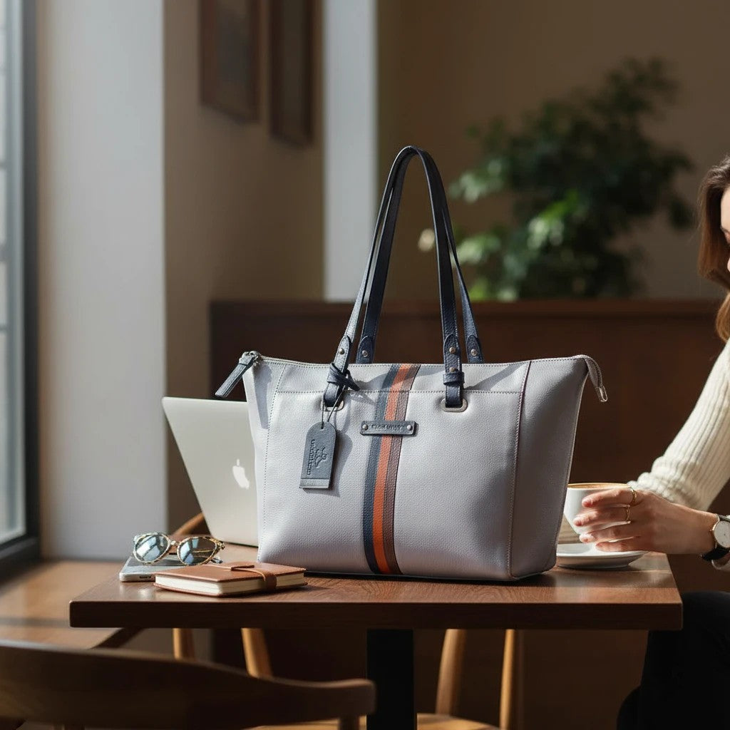Chris Louis Brolga grey genuine leather tote bag with orange and navy stripe detail, top handles, and metal hardware.