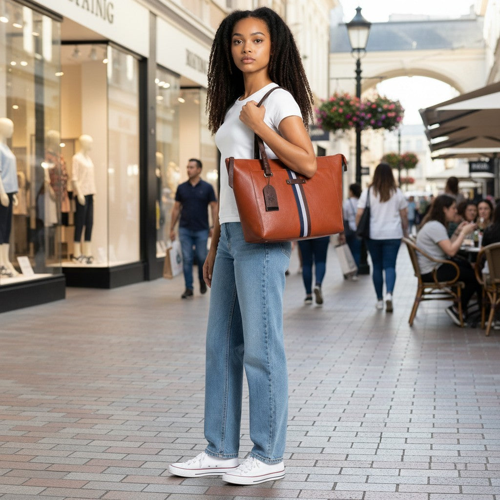 Chris Louis Brolga leather tote bag in tan with black, grey, and white stripe detail. Model carrying bag.