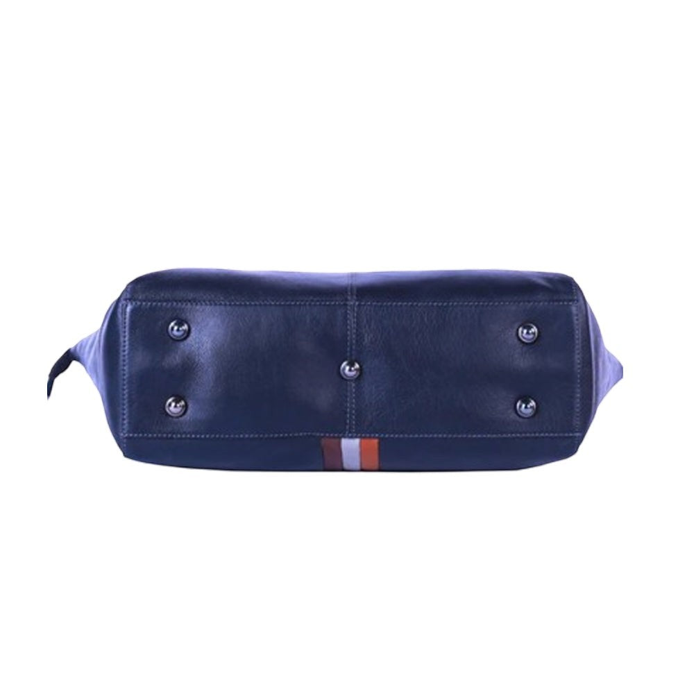 Chris Louis Brolga Tote Bag in black/grey leather with stripe detail and metal hardware. Features top handles and protective feet.