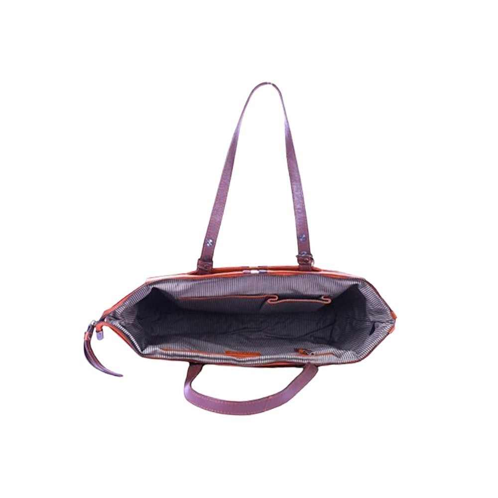 Chris Louis Brolga tote bag in brown/tan genuine leather with striped lining and multiple interior pockets.