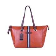 Chris Louis Brolga tote bag in tan/brown genuine leather with stripe detail and top handles.
