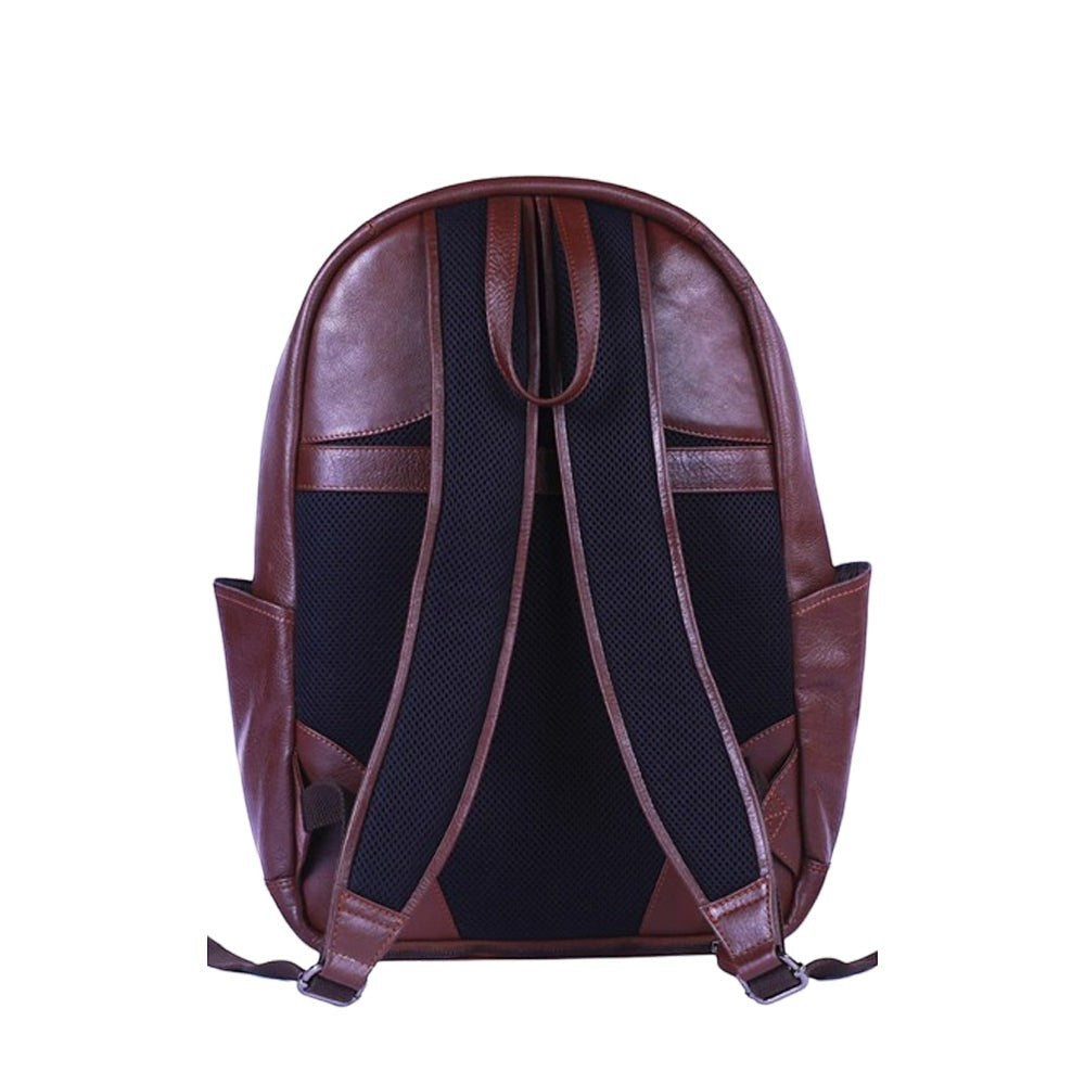 Chris Louis brown genuine leather backpack with padded straps and mesh back panel. Features side pockets and a top handle.