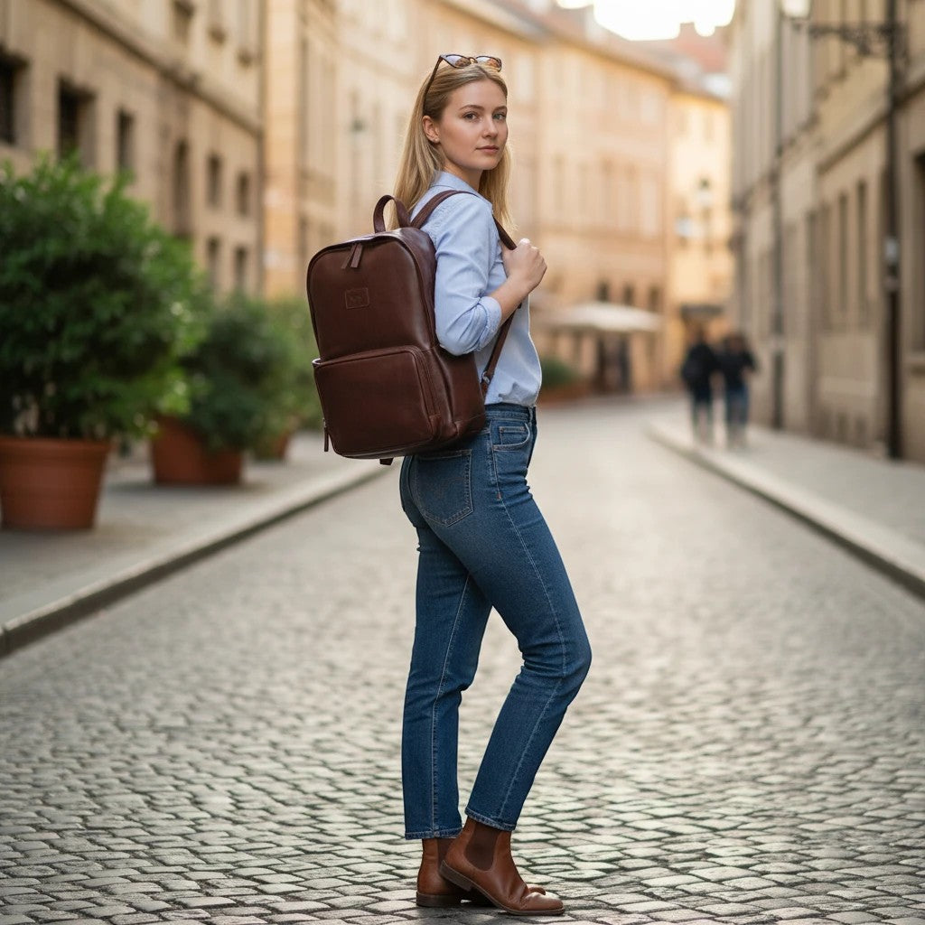 Chris Louis brown leather backpack worn by a woman on a cobblestone street. Features multiple pockets and padded straps.