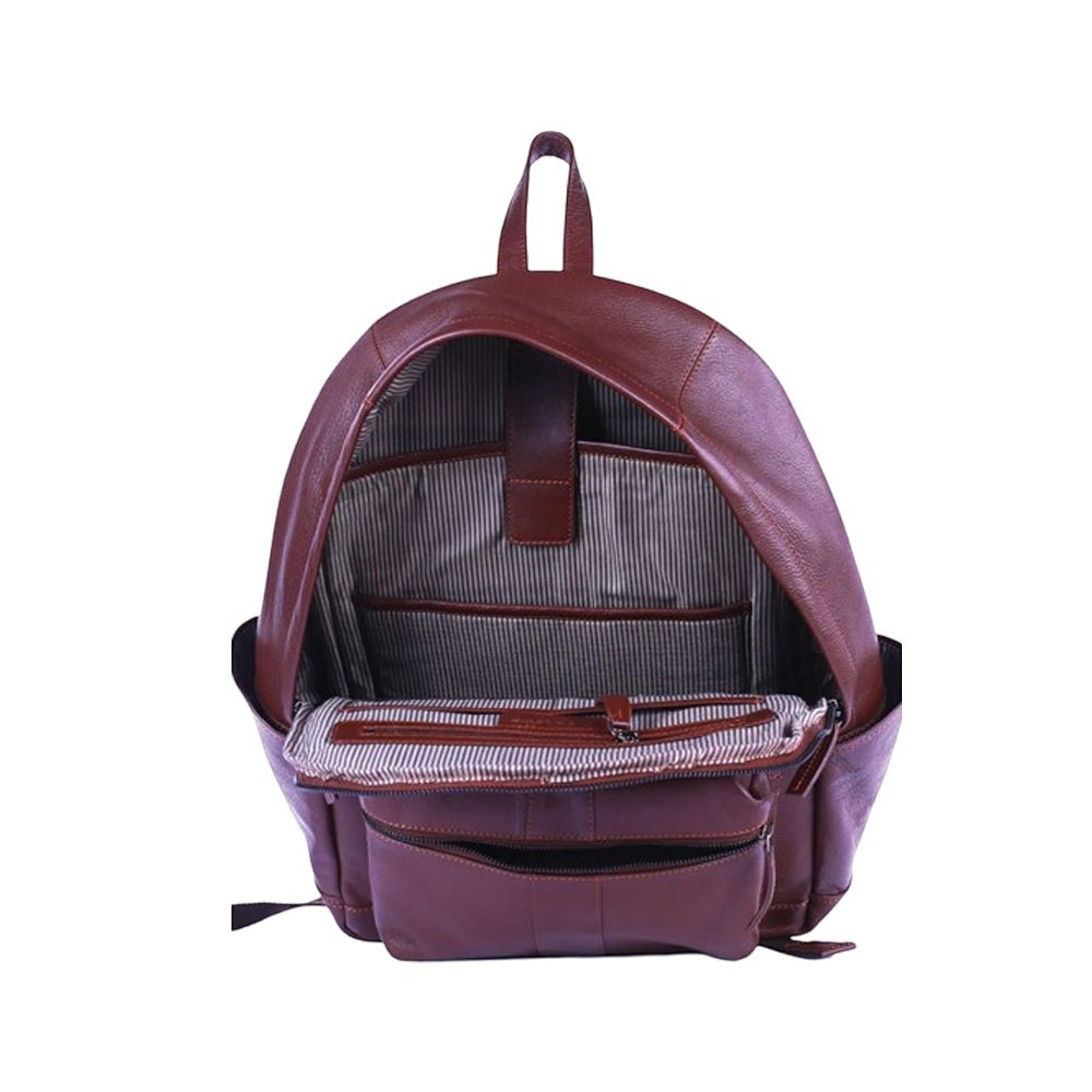 Chris Louis brown genuine leather backpack with multiple interior pockets and laptop compartment.
