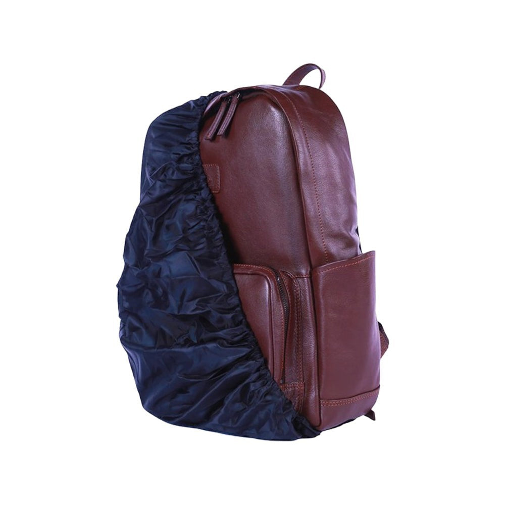 Chris Louis brown leather backpack with a black rain cover. Features multiple pockets and a laptop compartment.