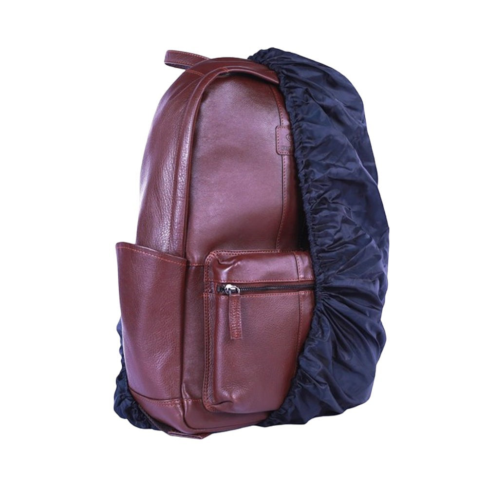 Chris Louis brown genuine leather backpack with multiple pockets and a laptop compartment. Includes a rain cover.