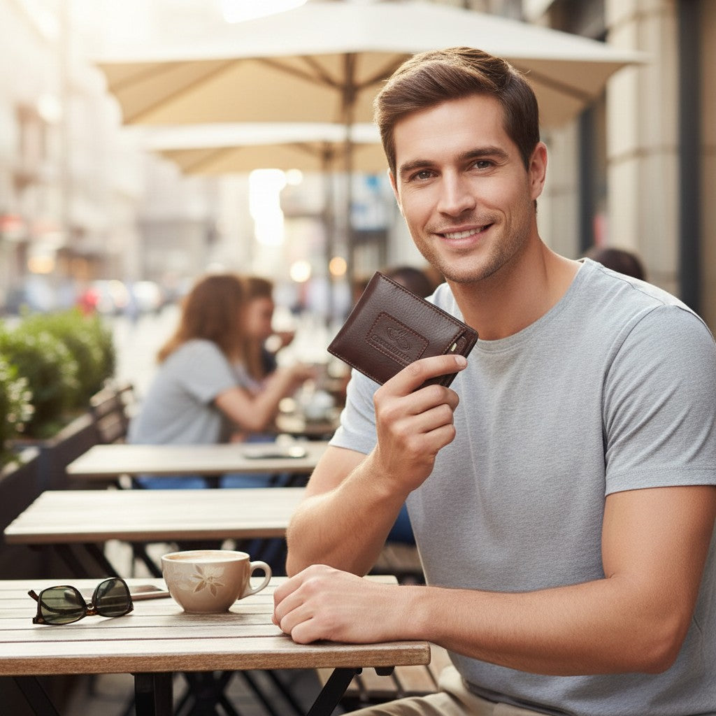 Chris Louis genuine leather bifold wallet in deep brown with orange contrast stitching and embossed logo.