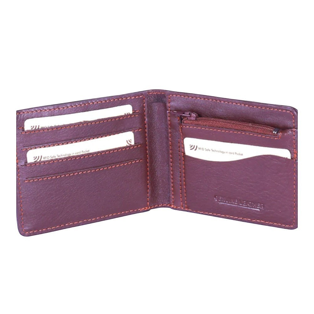 Chris Louis genuine leather bifold wallet in deep brown with orange stitching, multiple card slots, and zippered coin pocket.