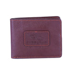 Chris Louis genuine leather bifold wallet in deep brown with orange stitching and embossed logo.