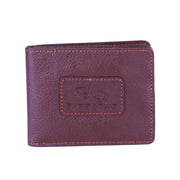 Chris Louis genuine leather bifold wallet in deep brown with orange stitching and embossed logo.
