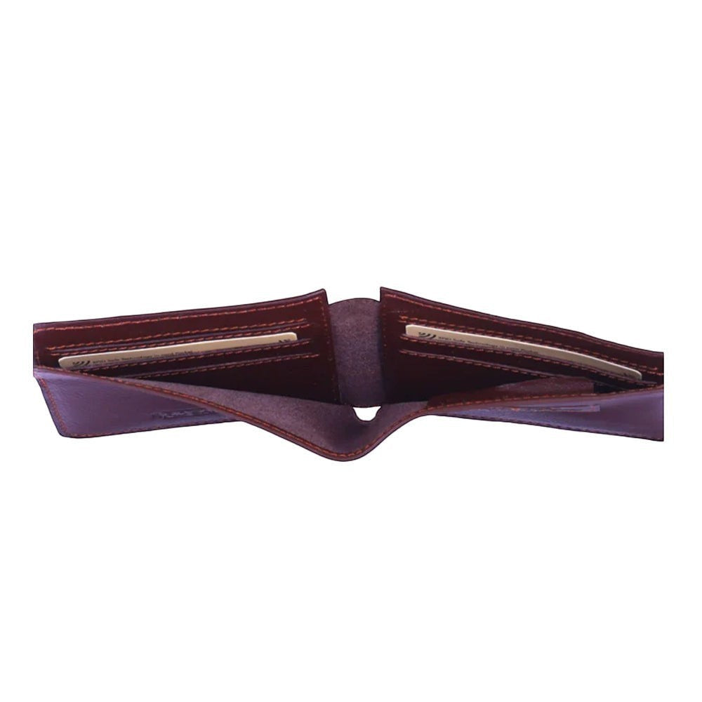 Chris Louis genuine leather bifold wallet in deep brown with orange stitching. Features card slots and RFID blocking.