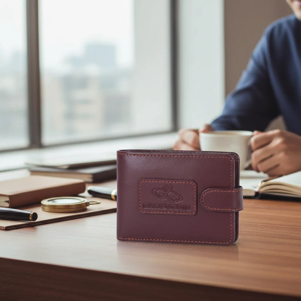 Chris Louis genuine leather bifold wallet in rich brown with contrast stitching and snap closure.