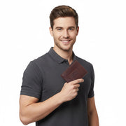 Chris Louis genuine leather bifold wallet in deep brown with contrast stitching and RFID blocking.