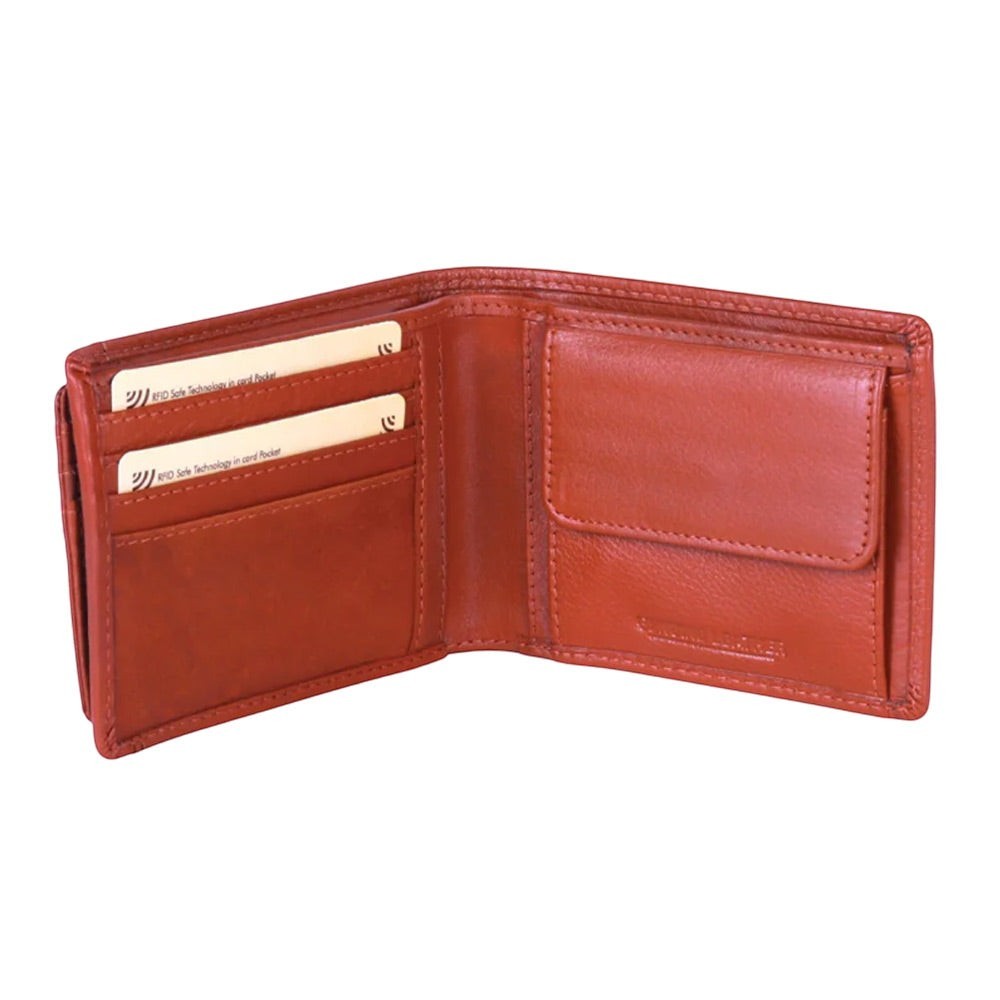 Chris Louis brown genuine leather bifold wallet with RFID blocking, multiple card slots, and bill compartment.
