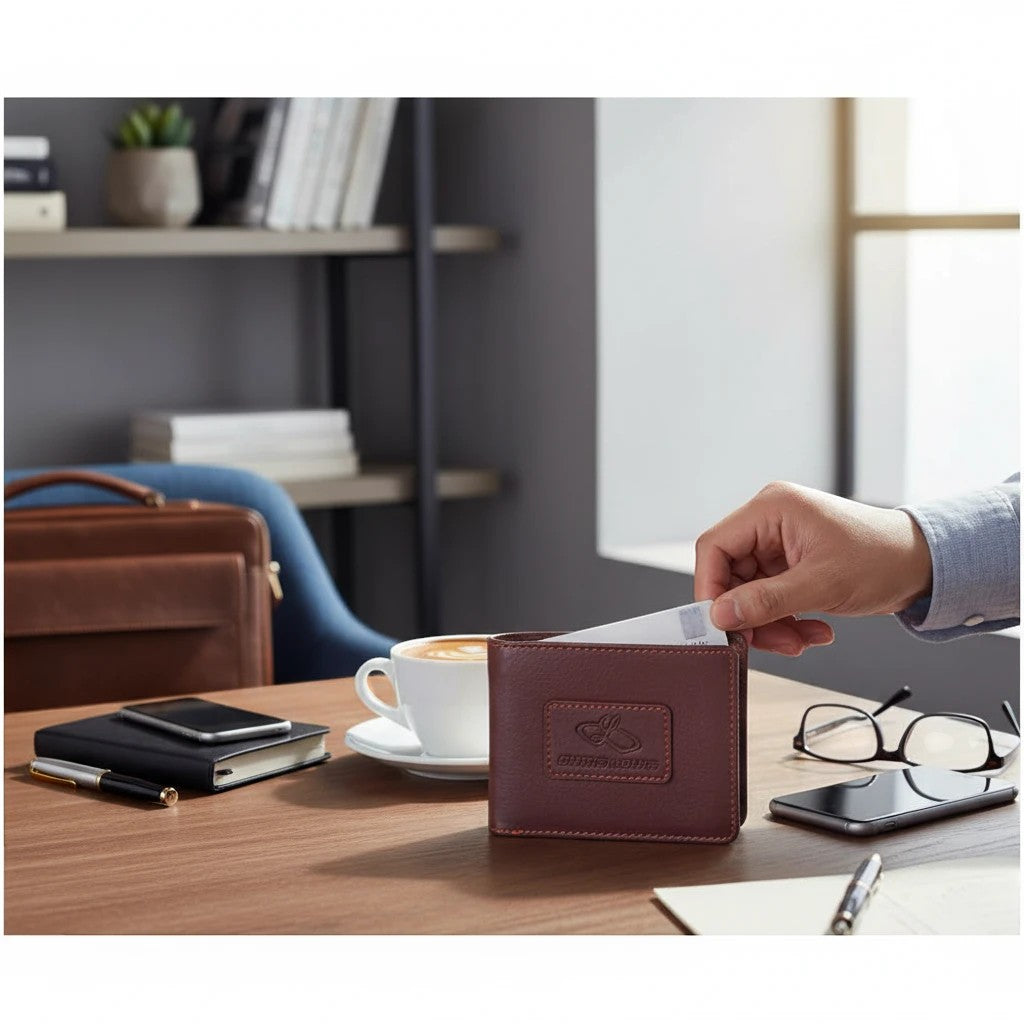 Chris Louis genuine leather bifold wallet in deep brown with contrast stitching, RFID blocking, and coin pocket.