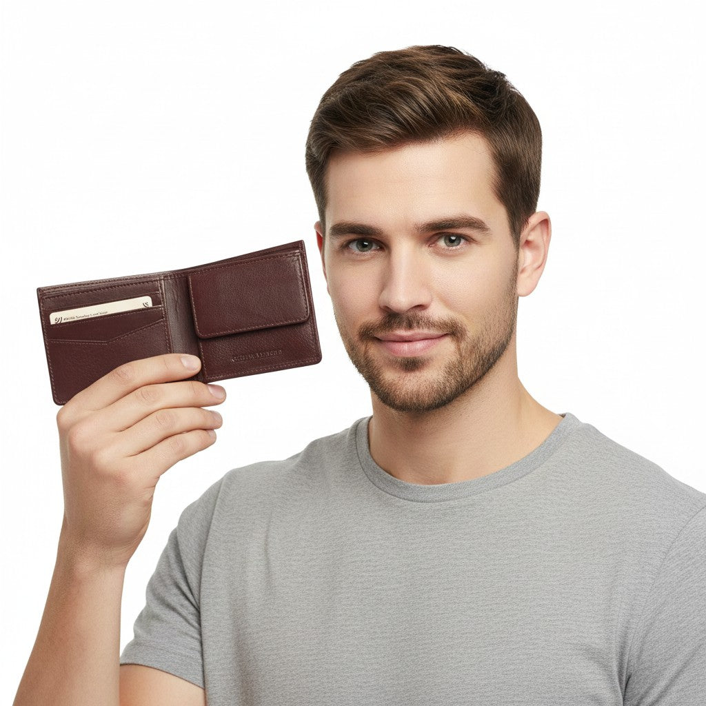 Chris Louis genuine leather bifold wallet in deep brown with RFID blocking and coin pocket.